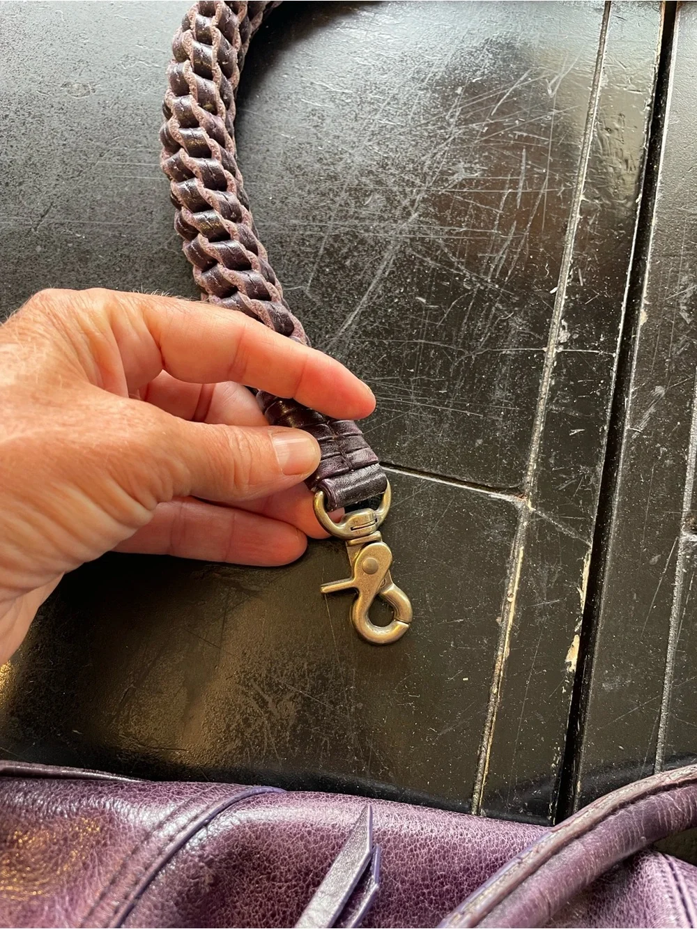 Plum Leather Satchel with Brass Accent Hardware